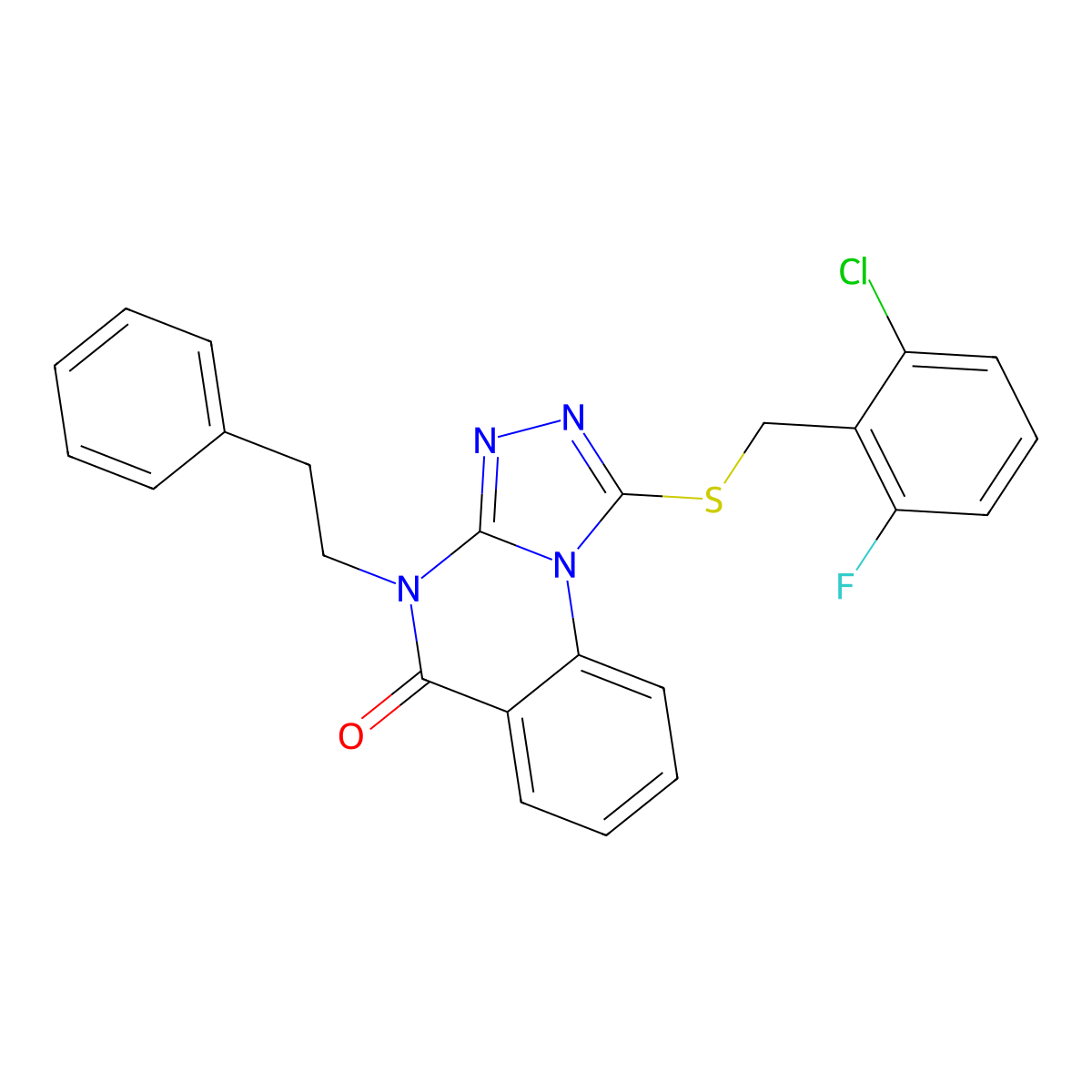 1-((2-chloro-6-fluorobenzyl)thio)-4-phenethyl-[1,2,4]triazolo[4,3-a]quinazolin-5(4H)-one molecular structure, CAS 1114656-70-0