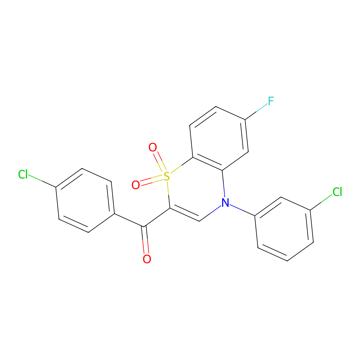 (4-chlorophenyl)[4-(3-chlorophenyl)-6-fluoro-1,1-dioxido-4H-1,4-benzothiazin-2-yl]methanone molecular structure, CAS 1114657-08-7