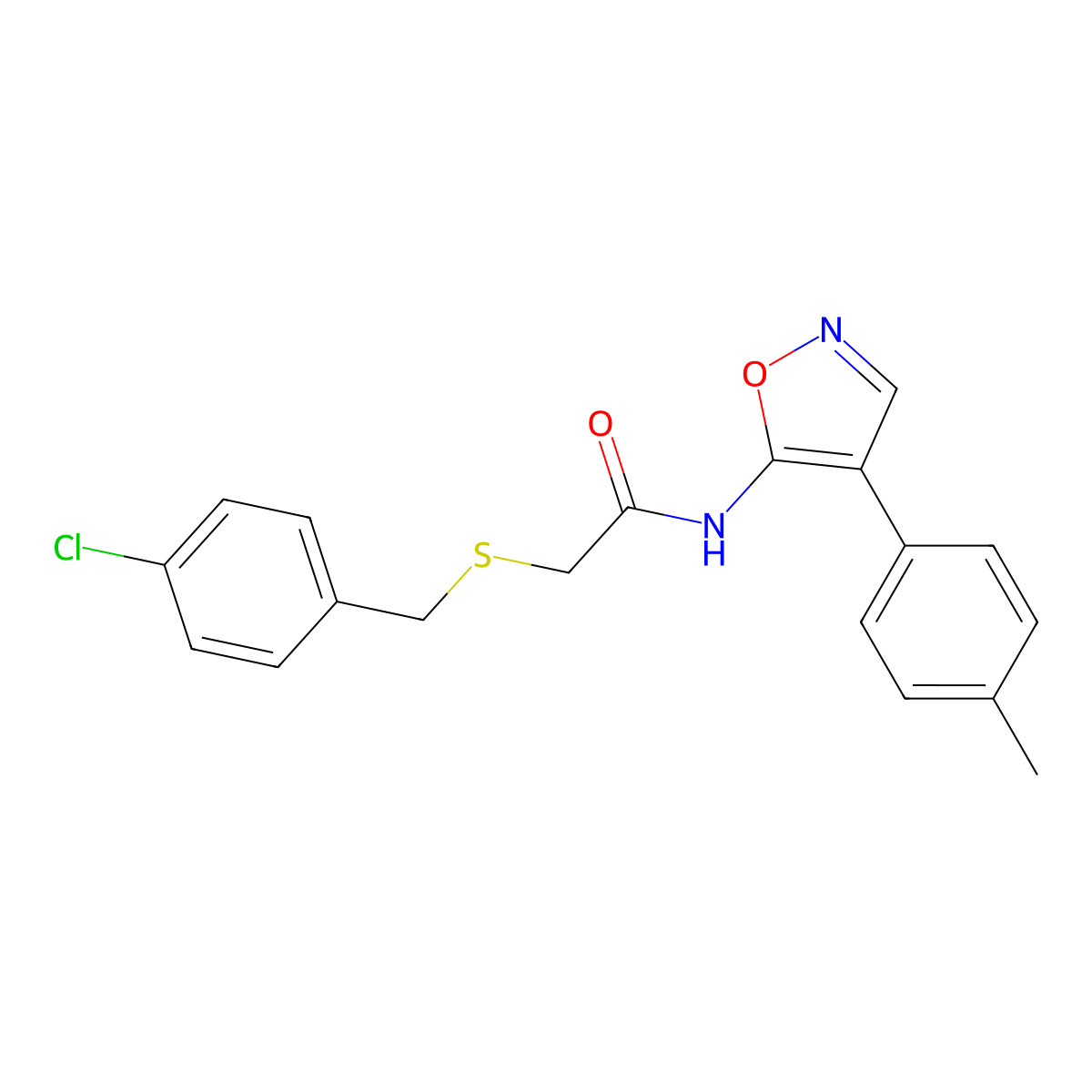2-((4-chlorobenzyl)thio)-N-(4-(p-tolyl)isoxazol-5-yl)acetamide molecular structure, CAS 1114657-35-0