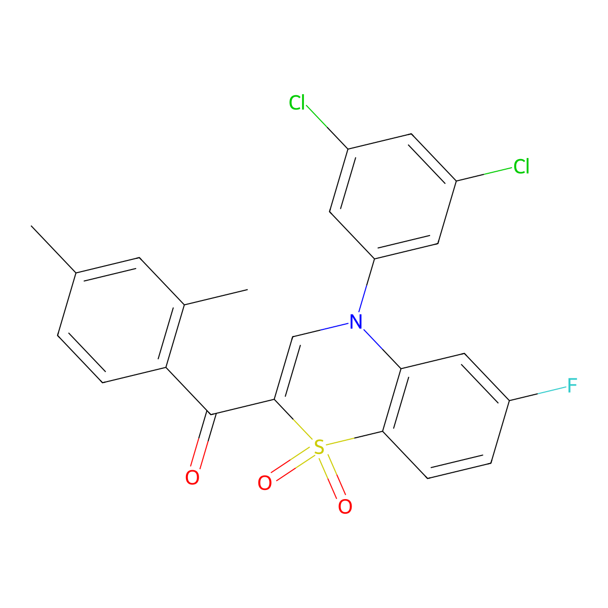 (4-(3,5-dichlorophenyl)-6-fluoro-1,1-dioxido-4H-benzo[b][1,4]thiazin-2-yl)(2,4-dimethylphenyl)methanone molecular structure, CAS 1114657-72-5