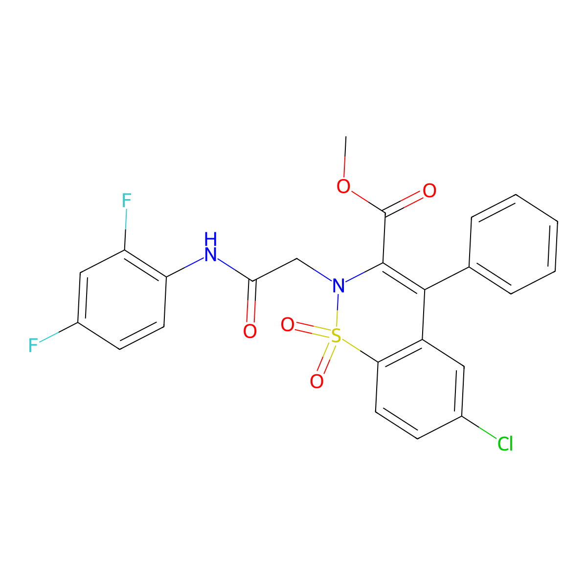 methyl 6-chloro-2-(2-((2,4-difluorophenyl)amino)-2-oxoethyl)-4-phenyl-2H-benzo[e][1,2]thiazine-3-carboxylate 1,1-dioxide molecular structure, CAS 1114658-61-5
