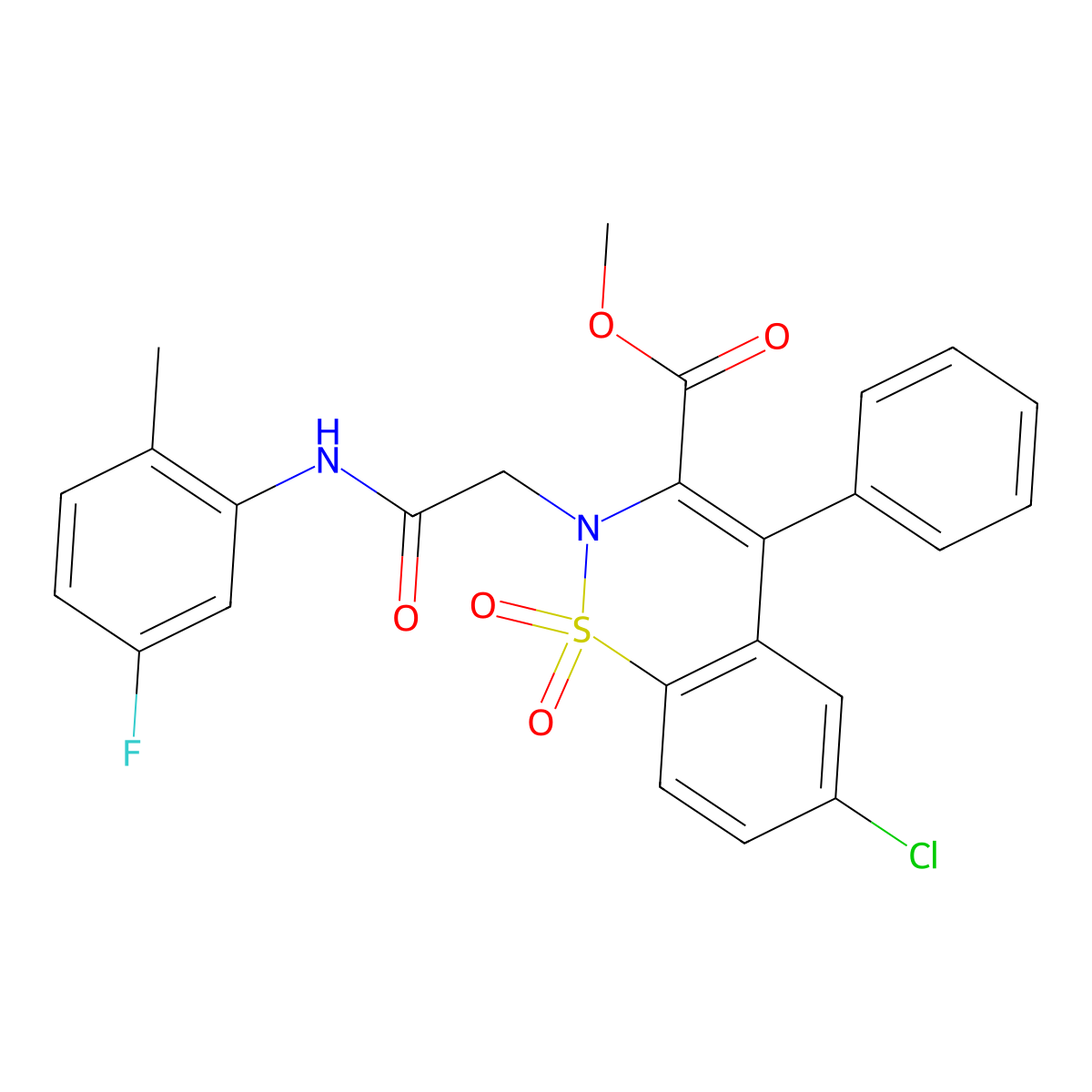 methyl 6-chloro-2-{2-[(5-fluoro-2-methylphenyl)amino]-2-oxoethyl}-4-phenyl-2H-1,2-benzothiazine-3-carboxylate 1,1-dioxide molecular structure, CAS 1114658-69-3