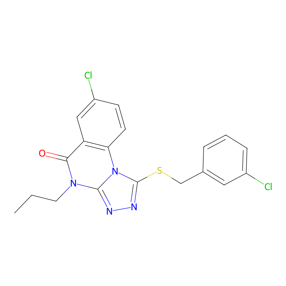 7-chloro-1-[(3-chlorobenzyl)thio]-4-propyl[1,2,4]triazolo[4,3-a]quinazolin-5(4H)-one molecular structure, CAS 1114661-25-4