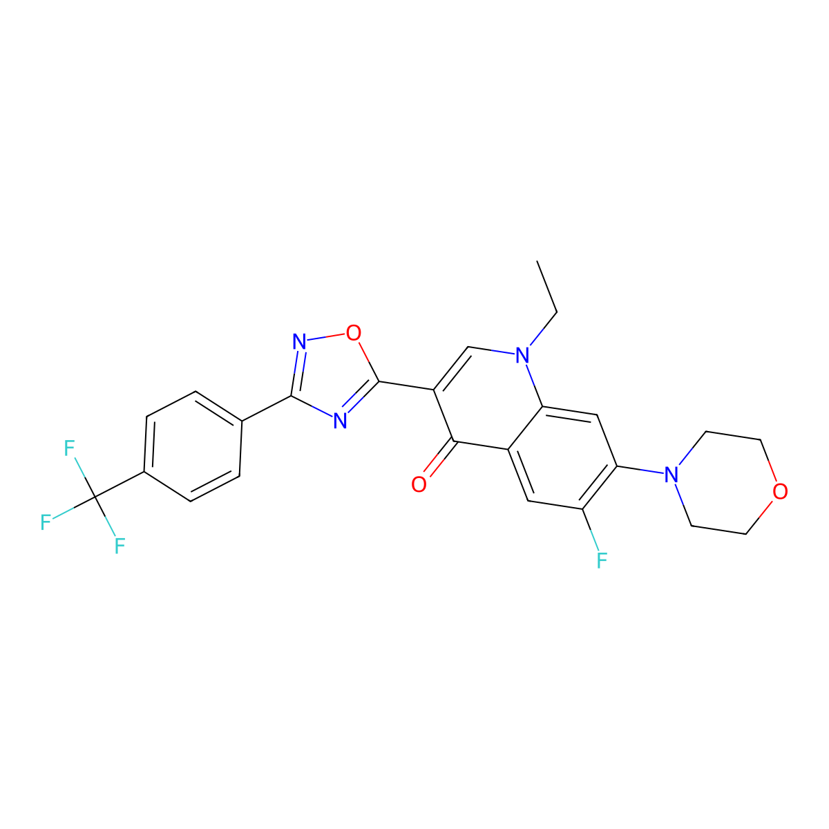 1-ethyl-6-fluoro-7-morpholino-3-(3-(4-(trifluoromethyl)phenyl)-1,2,4-oxadiazol-5-yl)quinolin-4(1H)-one molecular structure, CAS 1114828-15-7