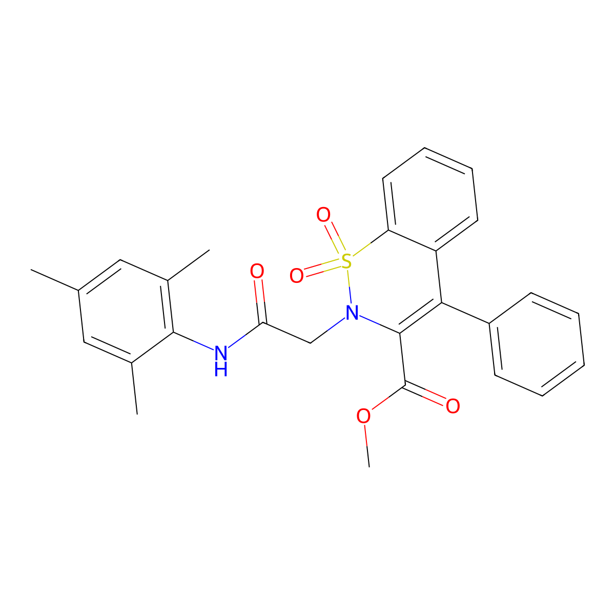 methyl 2-(2-(mesitylamino)-2-oxoethyl)-4-phenyl-2H-benzo[e][1,2]thiazine-3-carboxylate 1,1-dioxide molecular structure, CAS 1114828-19-1