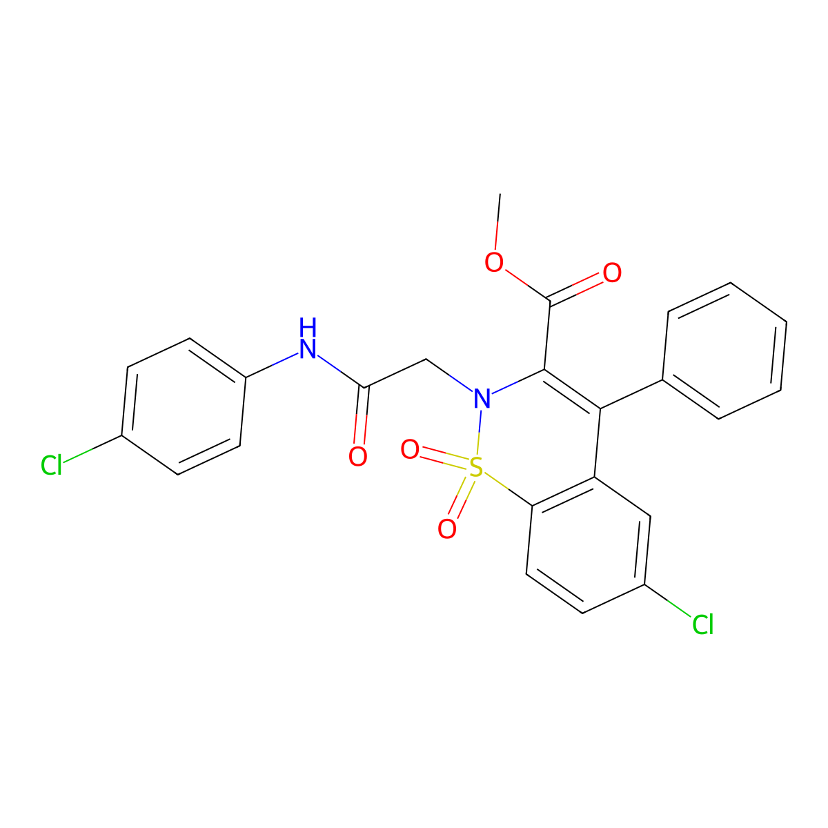 methyl 6-chloro-2-{2-[(4-chlorophenyl)amino]-2-oxoethyl}-4-phenyl-2H-1,2-benzothiazine-3-carboxylate 1,1-dioxide molecular structure, CAS 1114828-29-3
