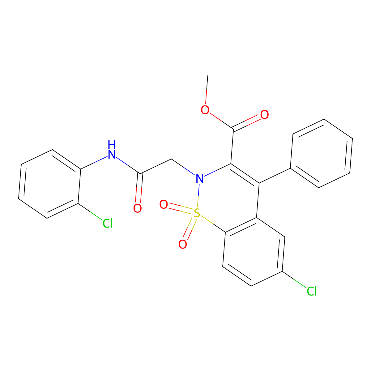 methyl 6-chloro-2-{2-[(2-chlorophenyl)amino]-2-oxoethyl}-4-phenyl-2H-1,2-benzothiazine-3-carboxylate 1,1-dioxide molecular structure, CAS 1114828-30-6