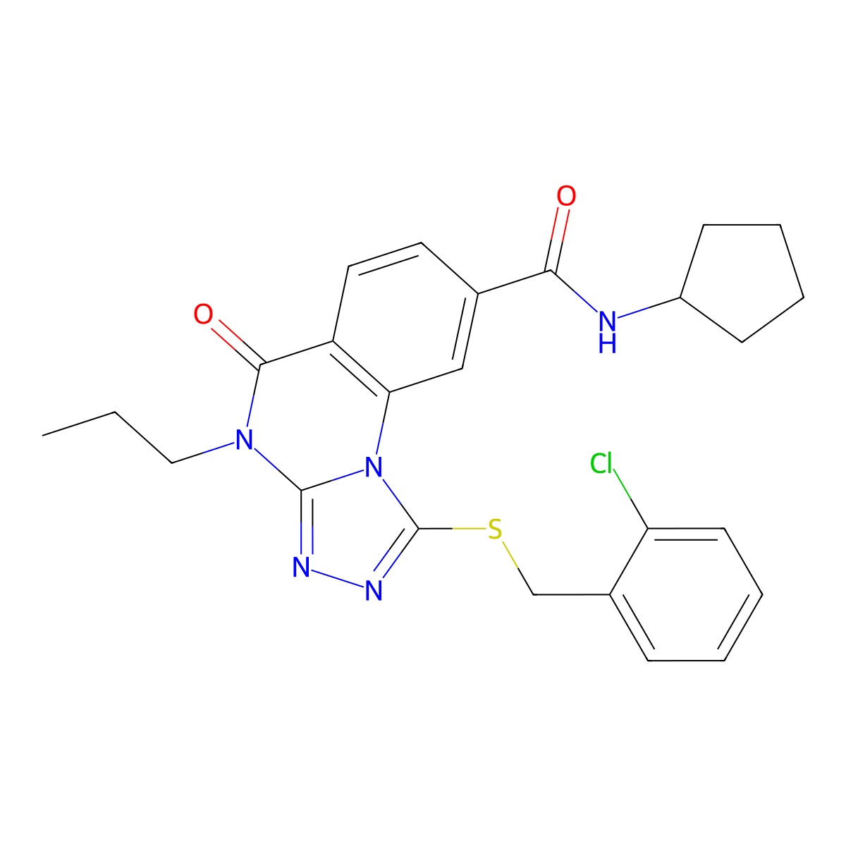 1-((2-chlorobenzyl)thio)-N-cyclopentyl-5-oxo-4-propyl-4,5-dihydro-[1,2,4]triazolo[4,3-a]quinazoline-8-carboxamide molecular structure, CAS 1114830-23-7
