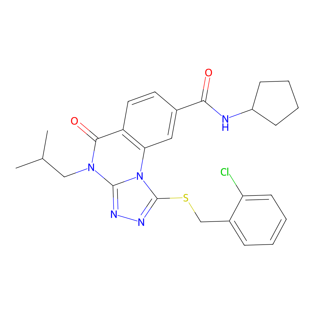 1-((2-chlorobenzyl)thio)-N-cyclopentyl-4-isobutyl-5-oxo-4,5-dihydro-[1,2,4]triazolo[4,3-a]quinazoline-8-carboxamide molecular structure, CAS 1114830-34-0