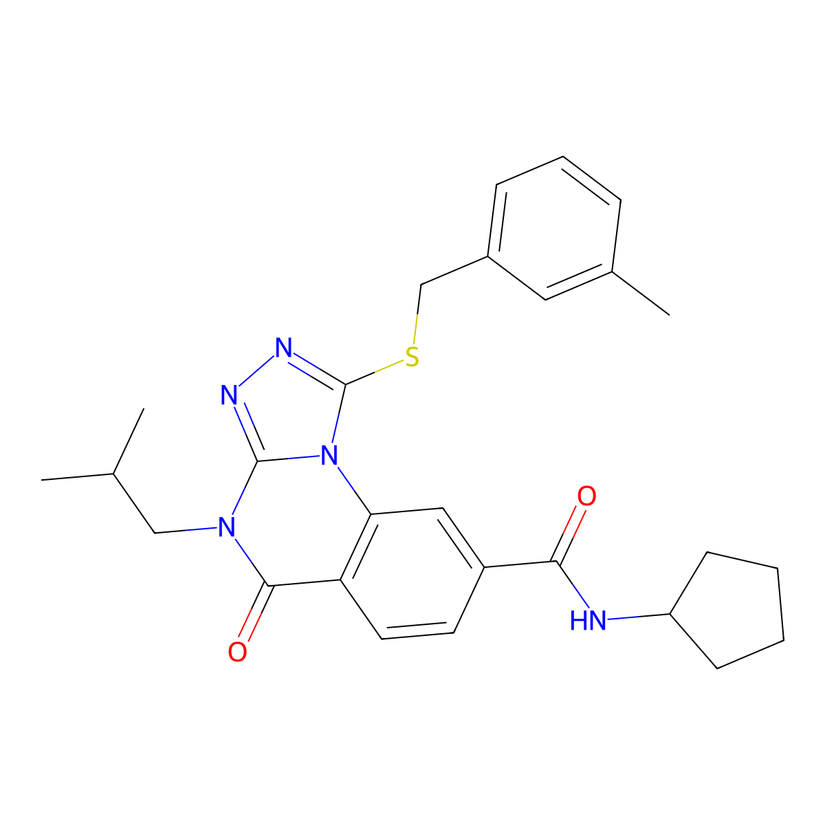 N-cyclopentyl-4-isobutyl-1-((3-methylbenzyl)thio)-5-oxo-4,5-dihydro-[1,2,4]triazolo[4,3-a]quinazoline-8-carboxamide molecular structure, CAS 1114830-37-3