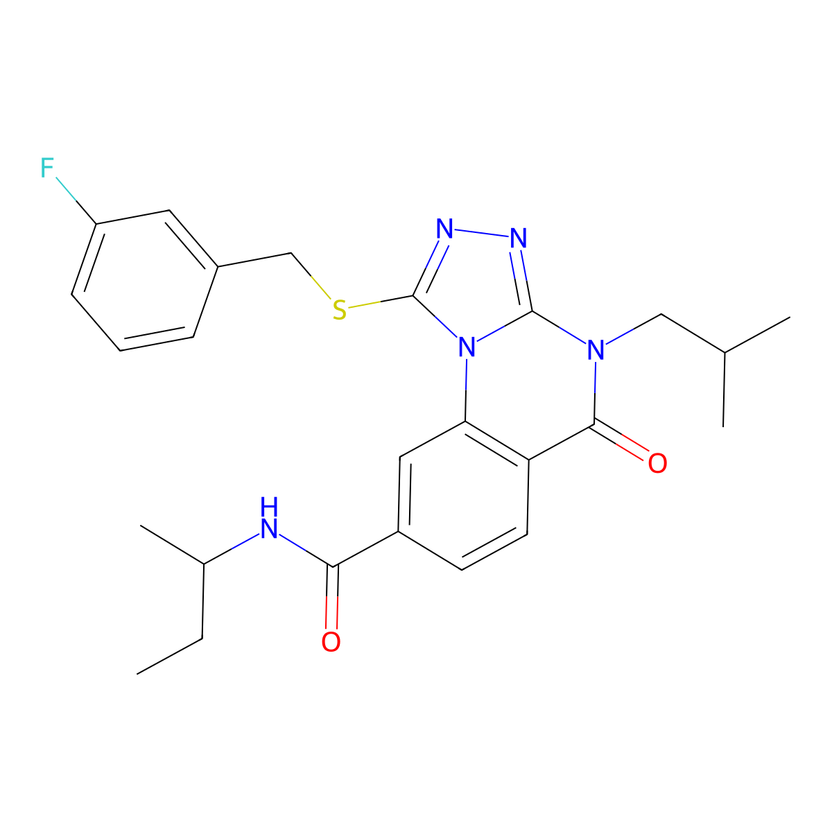 N-(sec-butyl)-1-((3-fluorobenzyl)thio)-4-isobutyl-5-oxo-4,5-dihydro-[1,2,4]triazolo[4,3-a]quinazoline-8-carboxamide molecular structure, CAS 1114830-53-3