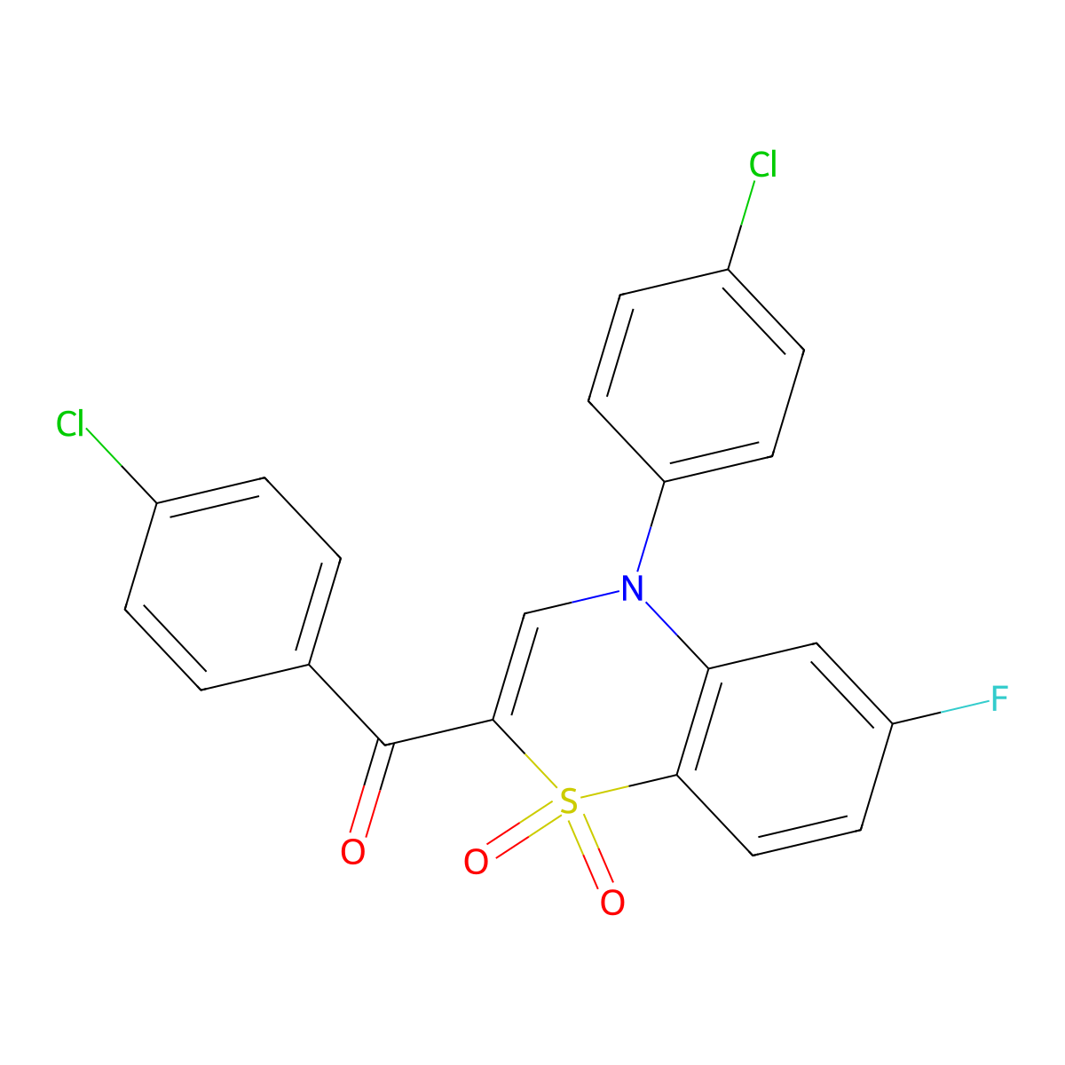 (4-chlorophenyl)(4-(4-chlorophenyl)-6-fluoro-1,1-dioxido-4H-benzo[b][1,4]thiazin-2-yl)methanone molecular structure, CAS 1114853-00-7