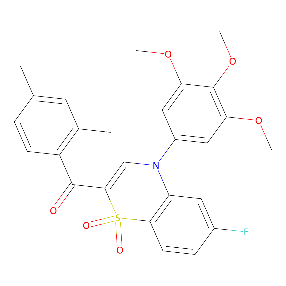 (2,4-dimethylphenyl)[6-fluoro-1,1-dioxido-4-(3,4,5-trimethoxyphenyl)-4H-1,4-benzothiazin-2-yl]methanone molecular structure, CAS 1114853-06-3