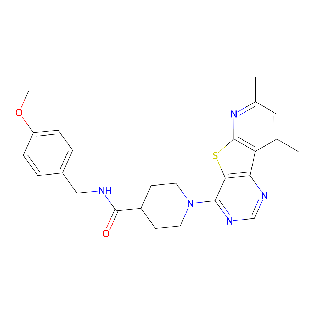 1-{11,13-dimethyl-8-thia-3,5,10-triazatricyclo[7.4.0.0^{2,7}]trideca-1(13),2(7),3,5,9,11-hexaen-6-yl}-N-[(4-methoxyphenyl)methyl]piperidine-4-carboxamide molecular structure, CAS 1114871-75-8