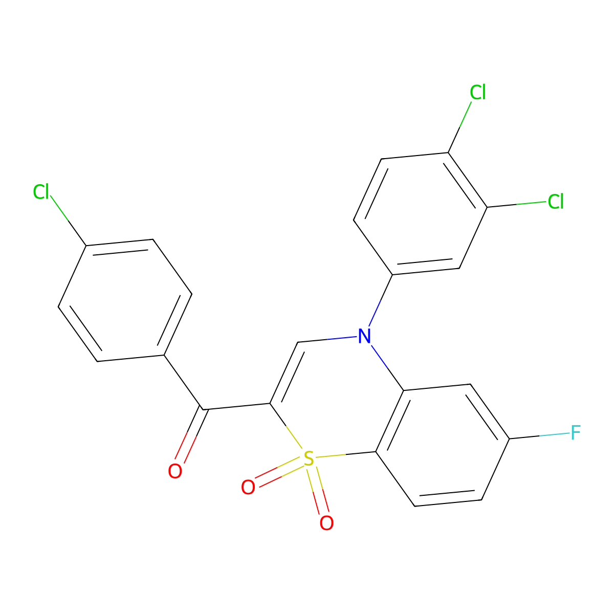 (4-chlorophenyl)[4-(3,4-dichlorophenyl)-6-fluoro-1,1-dioxido-4H-1,4-benzothiazin-2-yl]methanone molecular structure, CAS 1114872-38-6