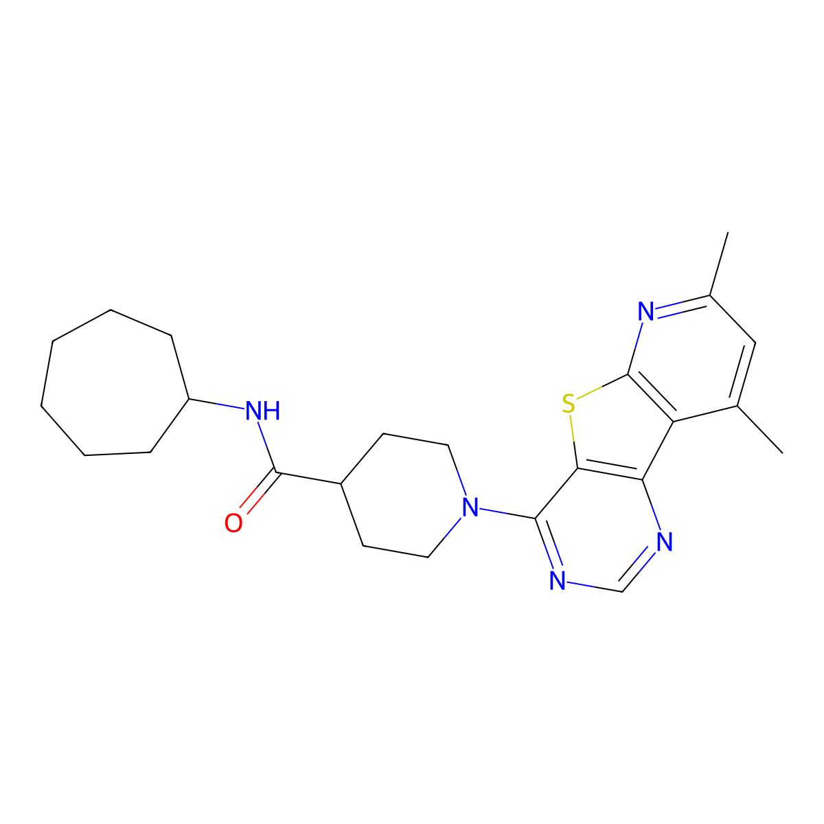 N-cycloheptyl-1-{11,13-dimethyl-8-thia-3,5,10-triazatricyclo[7.4.0.0^{2,7}]trideca-1(13),2(7),3,5,9,11-hexaen-6-yl}piperidine-4-carboxamide molecular structure, CAS 1114876-91-3