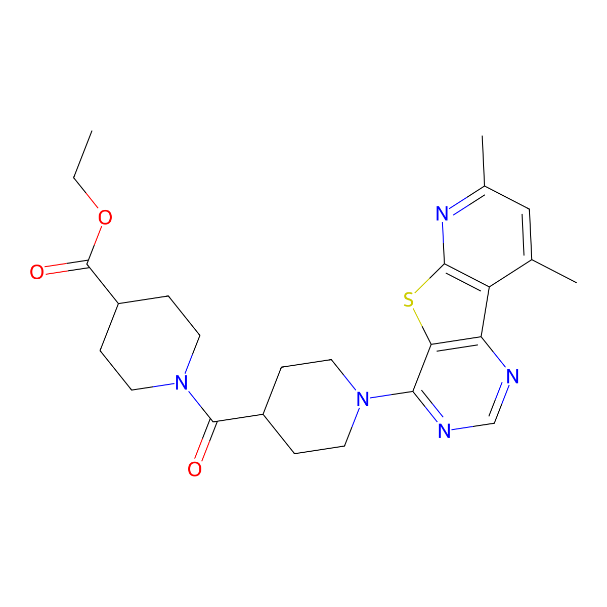 Ethyl 1-(1-{11,13-dimethyl-8-thia-3,5,10-triazatricyclo[7.4.0.0^{2,7}]trideca-1(13),2(7),3,5,9,11-hexaen-6-yl}piperidine-4-carbonyl)piperidine-4-carboxylate molecular structure, CAS 1114876-96-8