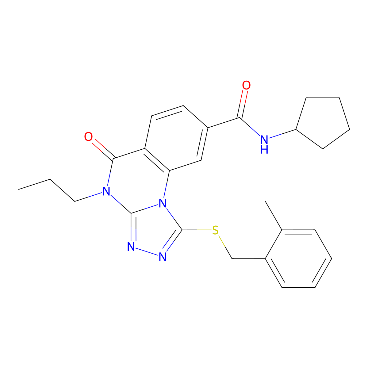 N-cyclopentyl-1-((2-methylbenzyl)thio)-5-oxo-4-propyl-4,5-dihydro-[1,2,4]triazolo[4,3-a]quinazoline-8-carboxamide molecular structure, CAS 1114877-07-4