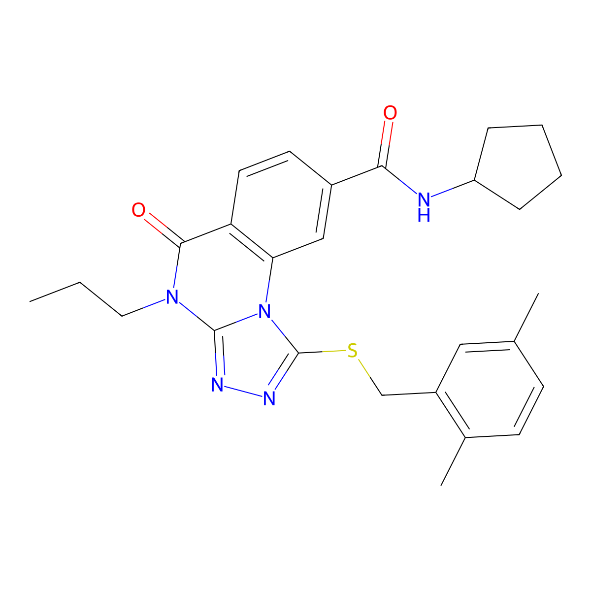 N-cyclopentyl-1-{[(2,5-dimethylphenyl)methyl]sulfanyl}-5-oxo-4-propyl-4H,5H-[1,2,4]triazolo[4,3-a]quinazoline-8-carboxamide molecular structure, CAS 1114877-10-9