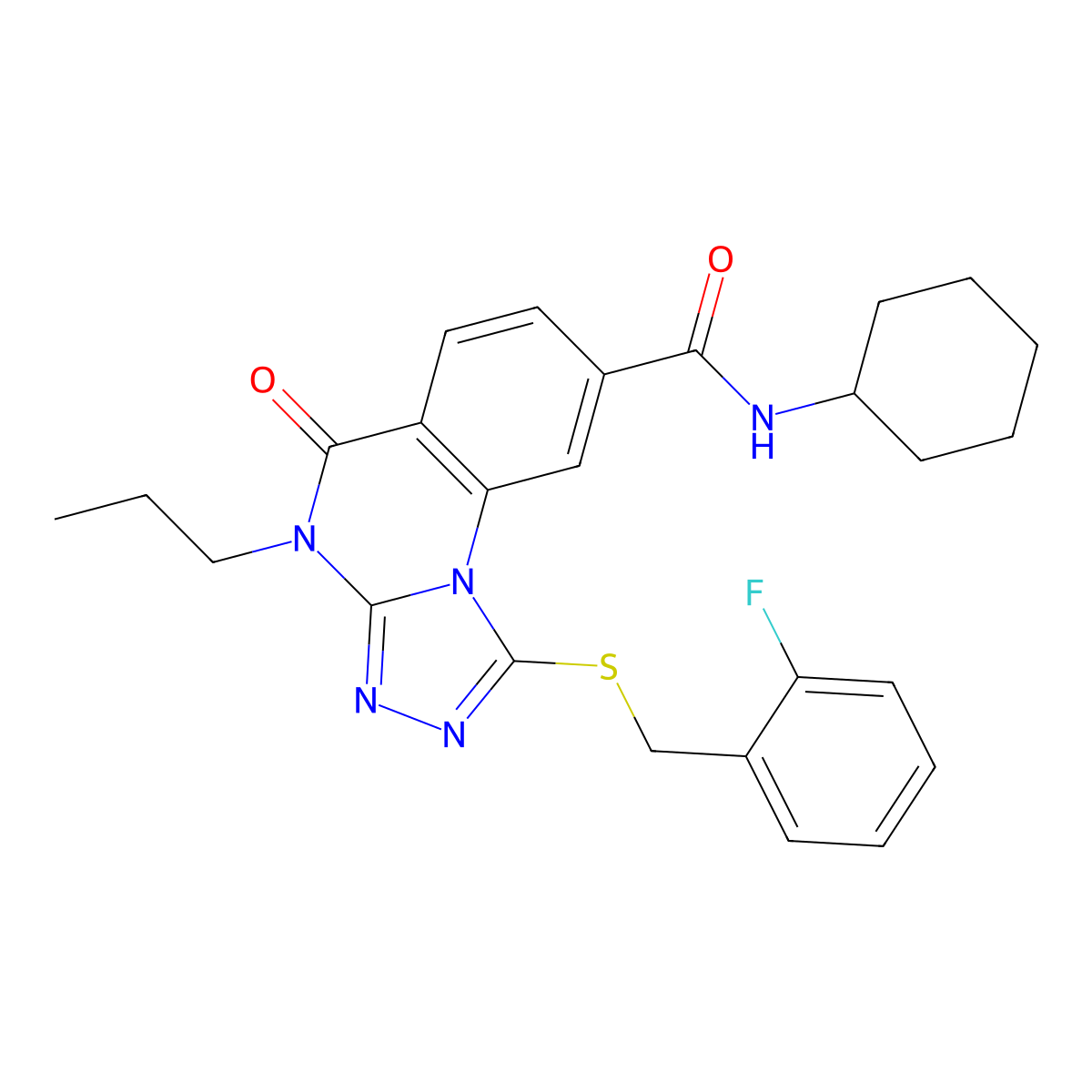 N-cyclohexyl-1-((2-fluorobenzyl)thio)-5-oxo-4-propyl-4,5-dihydro-[1,2,4]triazolo[4,3-a]quinazoline-8-carboxamide molecular structure, CAS 1114877-12-1