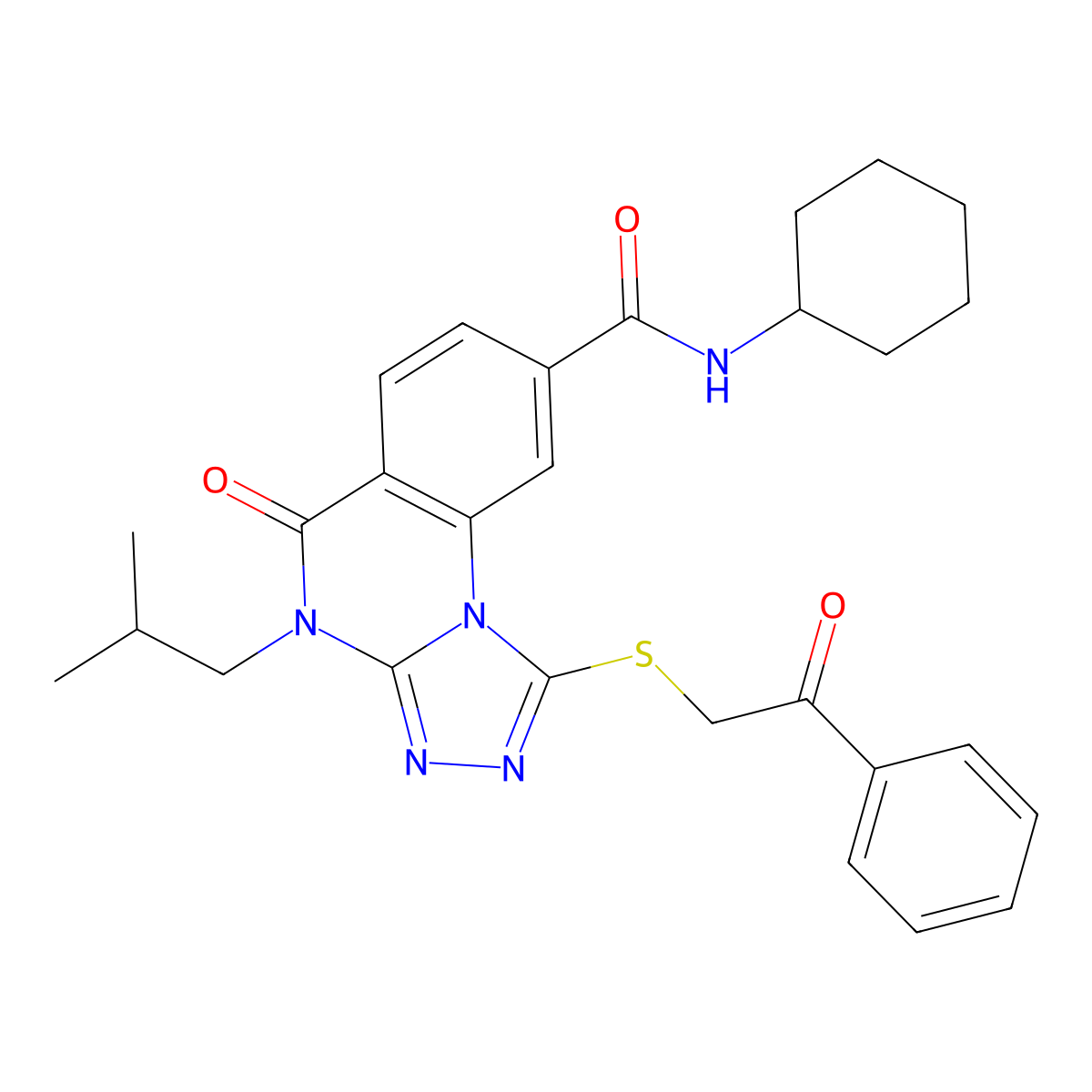 N-cyclohexyl-4-(2-methylpropyl)-5-oxo-1-[(2-oxo-2-phenylethyl)sulfanyl]-4H,5H-[1,2,4]triazolo[4,3-a]quinazoline-8-carboxamide molecular structure, CAS 1114877-23-4