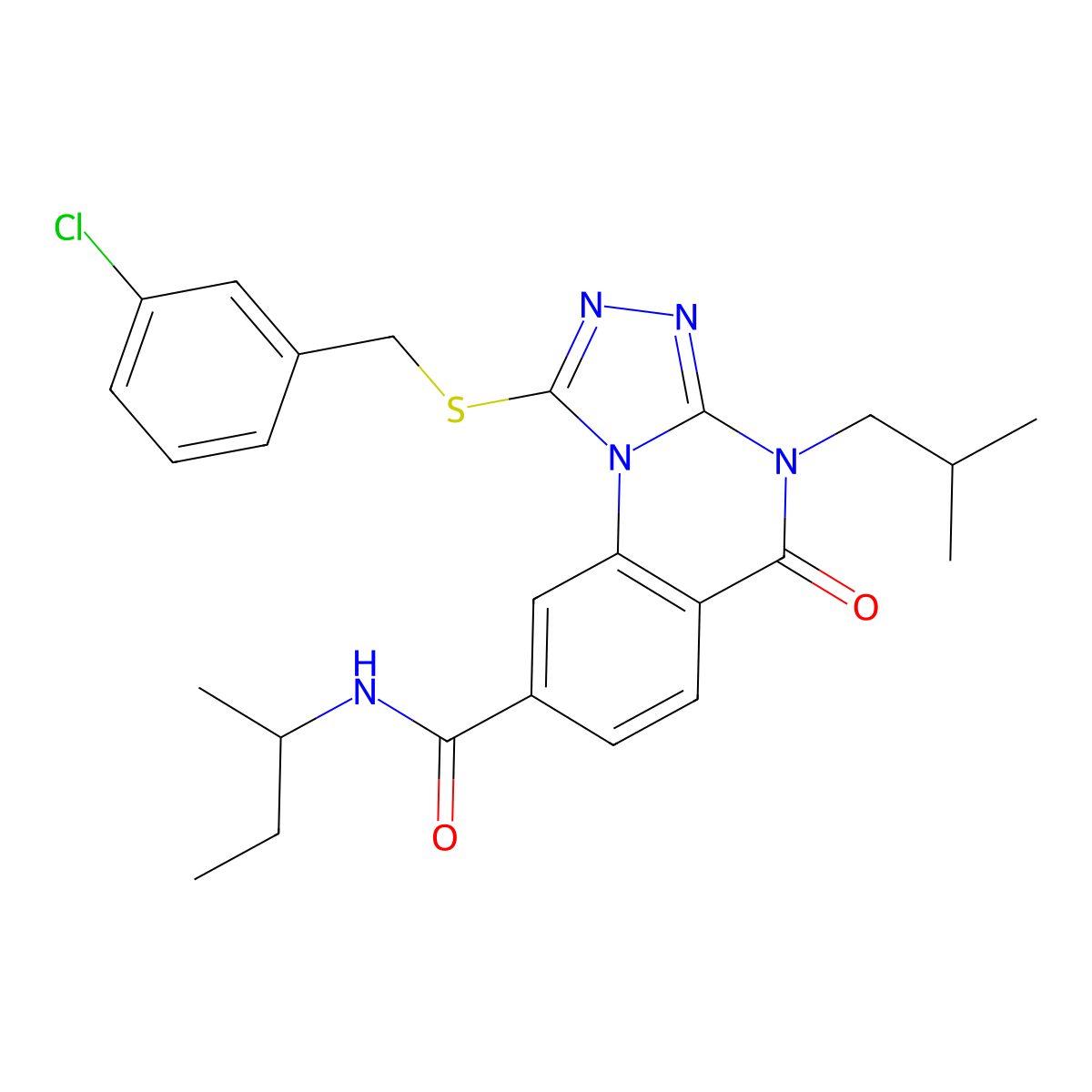N-(sec-butyl)-1-((3-chlorobenzyl)thio)-4-isobutyl-5-oxo-4,5-dihydro-[1,2,4]triazolo[4,3-a]quinazoline-8-carboxamide molecular structure, CAS 1114877-35-8