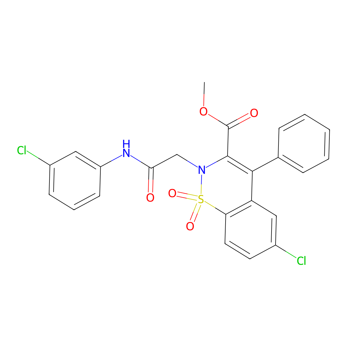 methyl 6-chloro-2-{2-[(3-chlorophenyl)amino]-2-oxoethyl}-4-phenyl-2H-1,2-benzothiazine-3-carboxylate 1,1-dioxide molecular structure, CAS 1114879-08-1