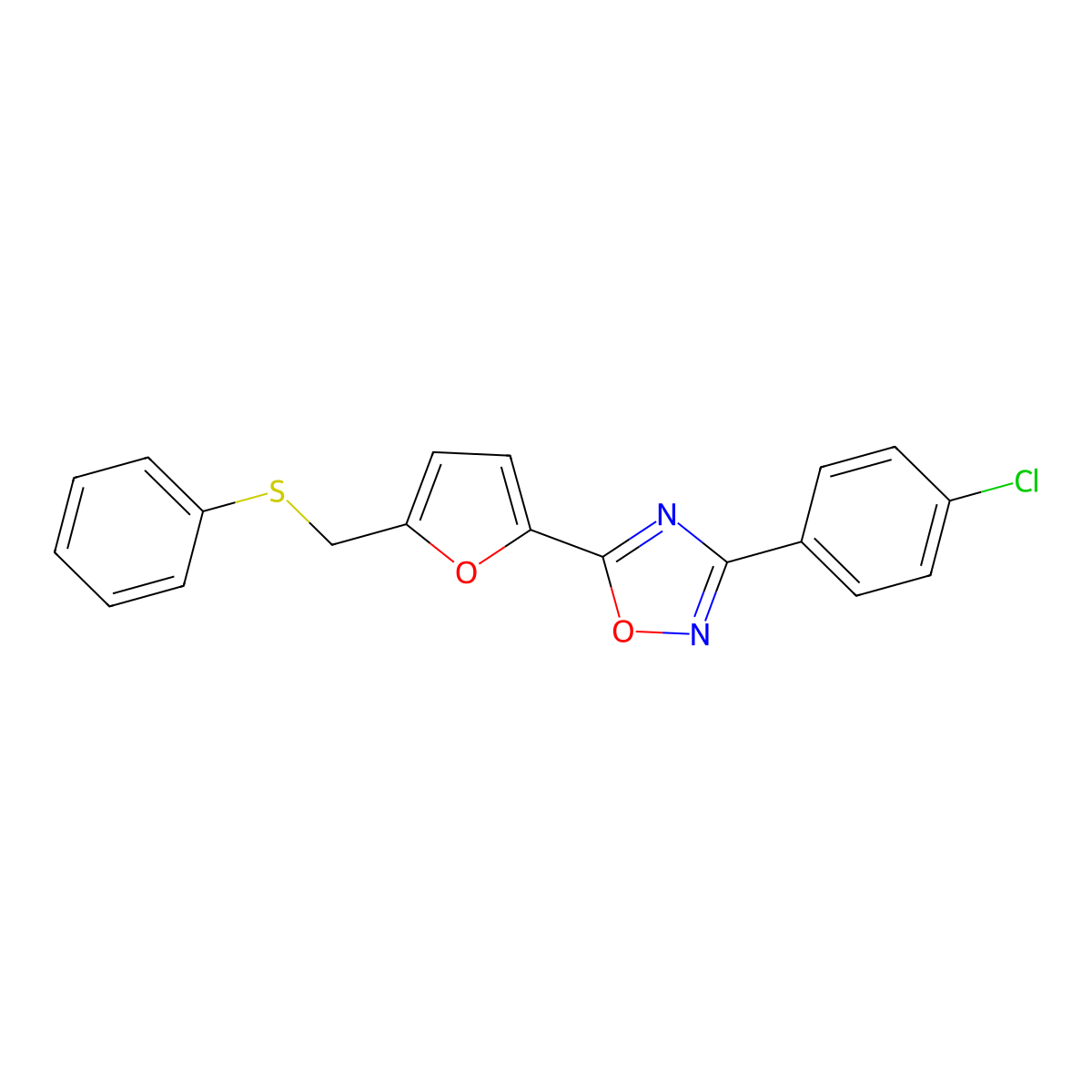 3-(4-Chlorophenyl)-5-(5-((phenylthio)methyl)furan-2-yl)-1,2,4-oxadiazole molecular structure, CAS 1114908-73-4