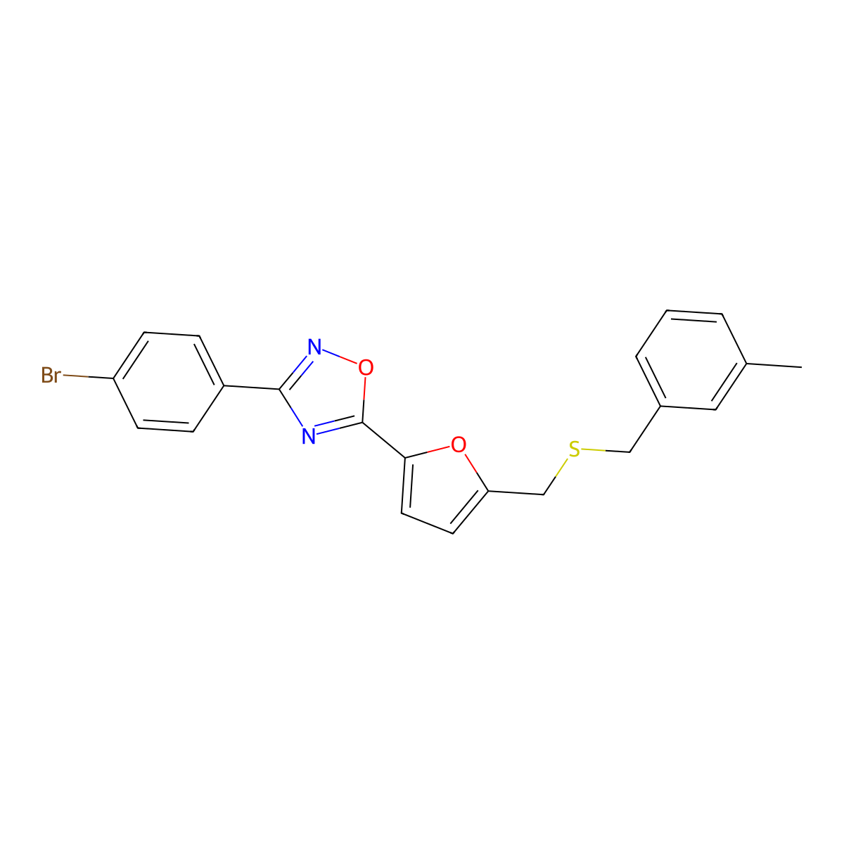 3-(4-Bromophenyl)-5-(5-(((3-methylbenzyl)thio)methyl)furan-2-yl)-1,2,4-oxadiazole molecular structure, CAS 1114908-79-0