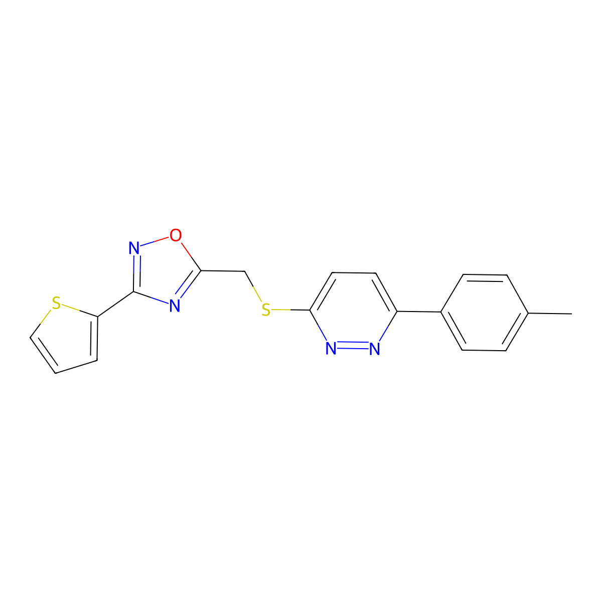3-(Thiophen-2-yl)-5-(((6-(p-tolyl)pyridazin-3-yl)thio)methyl)-1,2,4-oxadiazole molecular structure, CAS 1114909-43-1