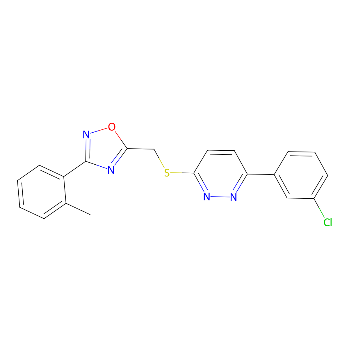 5-(((6-(3-Chlorophenyl)pyridazin-3-yl)thio)methyl)-3-(o-tolyl)-1,2,4-oxadiazole molecular structure, CAS 1114909-46-4
