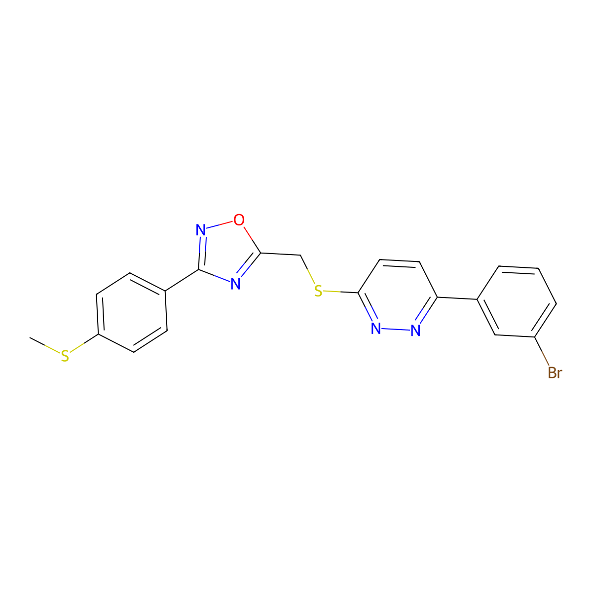 3-(3-Bromophenyl)-6-[({3-[4-(methylthio)phenyl]-1,2,4-oxadiazol-5-yl}methyl)thio]pyridazine molecular structure, CAS 1114914-84-9