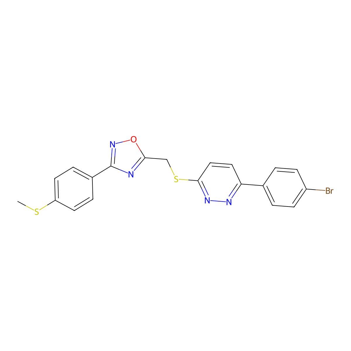 3-(4-Bromophenyl)-6-[({3-[4-(methylsulfanyl)phenyl]-1,2,4-oxadiazol-5-YL}methyl)sulfanyl]pyridazine molecular structure, CAS 1114915-17-1