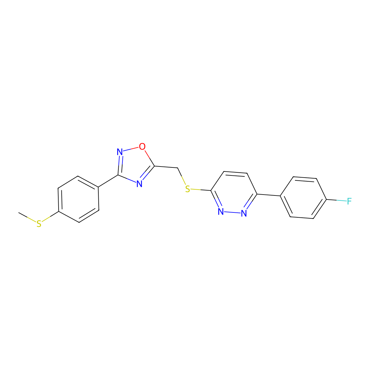 3-(4-Fluorophenyl)-6-[({3-[4-(methylsulfanyl)phenyl]-1,2,4-oxadiazol-5-yl}methyl)sulfanyl]pyridazine molecular structure, CAS 1114915-23-9
