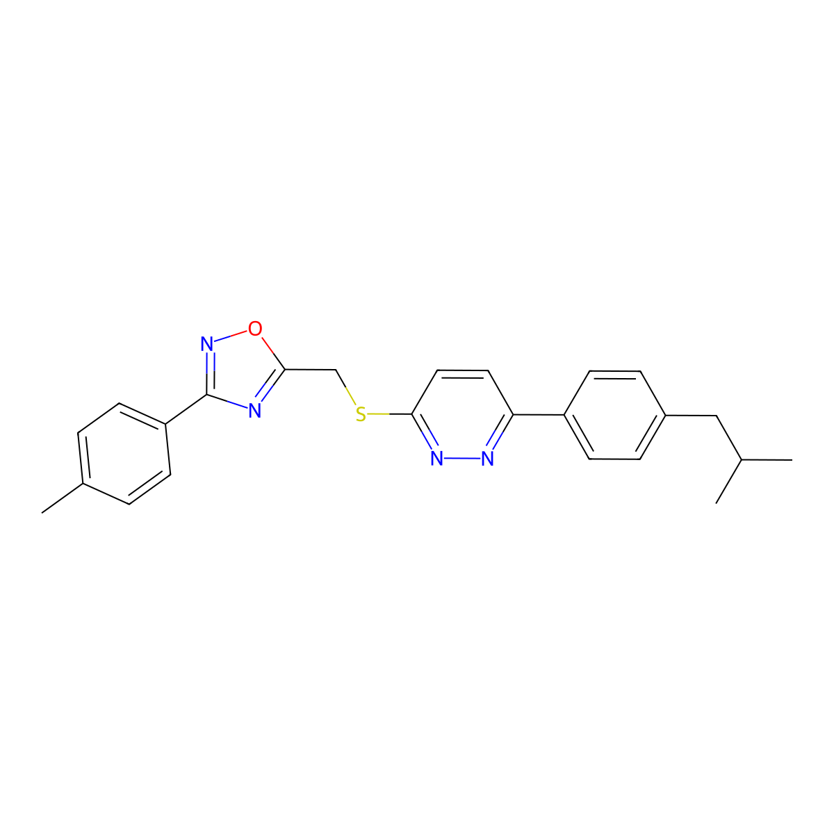 5-(((6-(4-Isobutylphenyl)pyridazin-3-yl)thio)methyl)-3-(p-tolyl)-1,2,4-oxadiazole molecular structure, CAS 1114915-63-7
