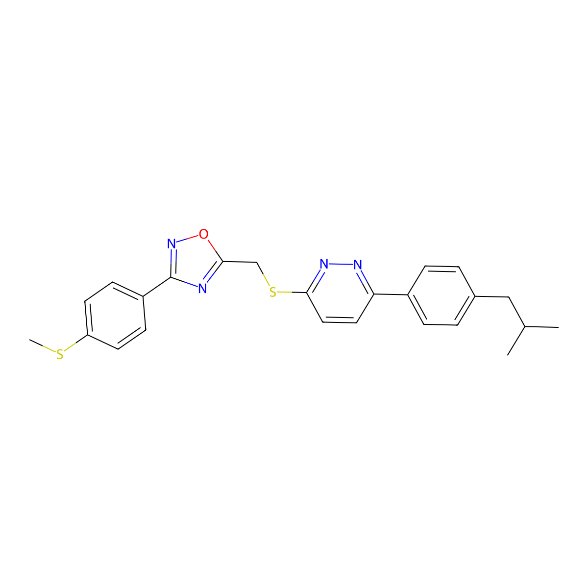 3-[4-(2-Methylpropyl)phenyl]-6-[({3-[4-(methylsulfanyl)phenyl]-1,2,4-oxadiazol-5-yl}methyl)sulfanyl]pyridazine molecular structure, CAS 1114915-65-9