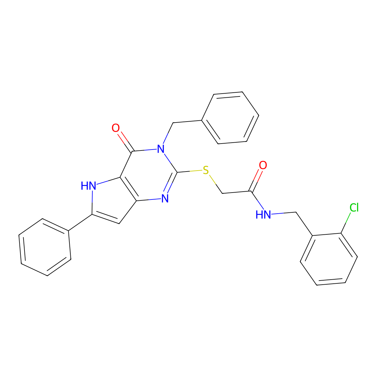 2-({3-benzyl-4-oxo-6-phenyl-3H,4H,5H-pyrrolo[3,2-d]pyrimidin-2-yl}sulfanyl)-N-[(2-chlorophenyl)methyl]acetamide molecular structure, CAS 1114915-89-7