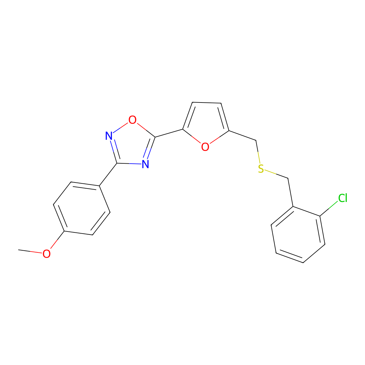 5-(5-(((2-Chlorobenzyl)thio)methyl)furan-2-yl)-3-(4-methoxyphenyl)-1,2,4-oxadiazole molecular structure, CAS 1114943-86-0