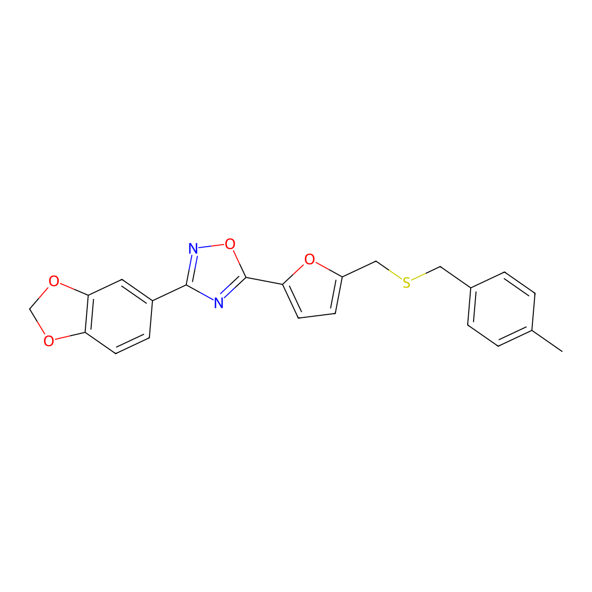 3-(1,3-Benzodioxol-5-yl)-5-(5-{[(4-methylbenzyl)thio]methyl}-2-furyl)-1,2,4-oxadiazole molecular structure, CAS 1114944-23-8