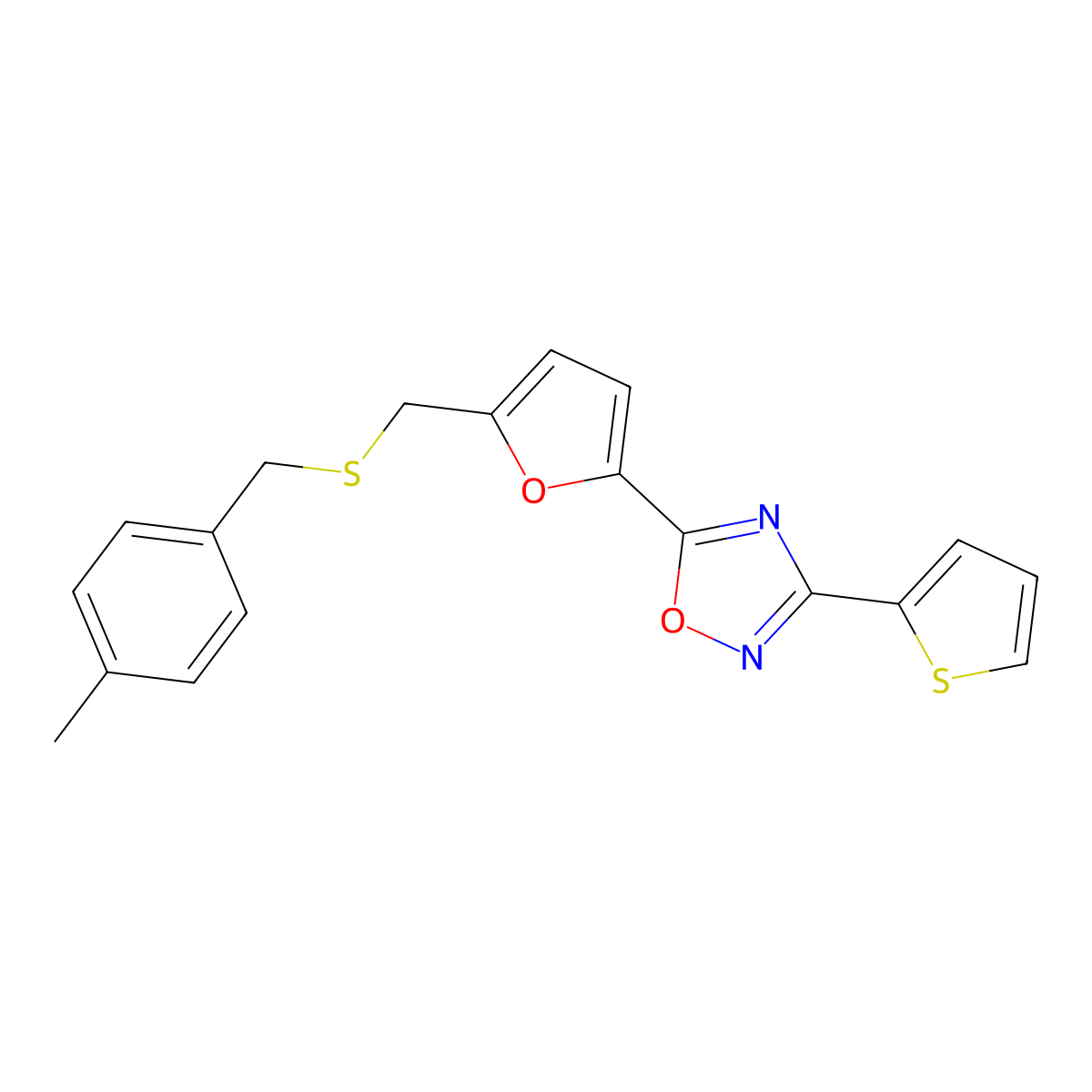 5-[5-({[(4-Methylphenyl)methyl]sulfanyl}methyl)furan-2-yl]-3-(thiophen-2-yl)-1,2,4-oxadiazole molecular structure, CAS 1114944-27-2