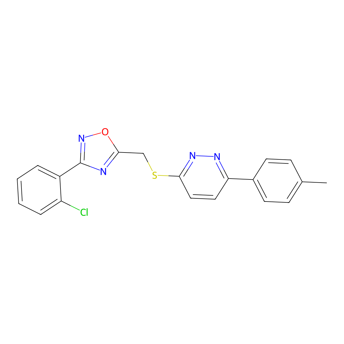 3-(2-Chlorophenyl)-5-(((6-(p-tolyl)pyridazin-3-yl)thio)methyl)-1,2,4-oxadiazole molecular structure, CAS 1114944-93-2