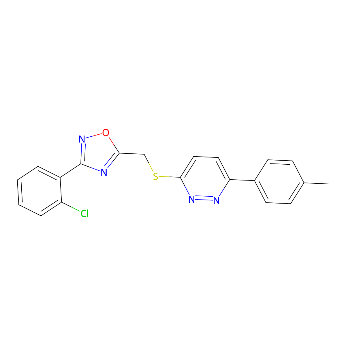3-(2-Chlorophenyl)-5-(((6-(p-tolyl)pyridazin-3-yl)thio)methyl)-1,2,4-oxadiazole molecular structure, CAS 1114944-93-2