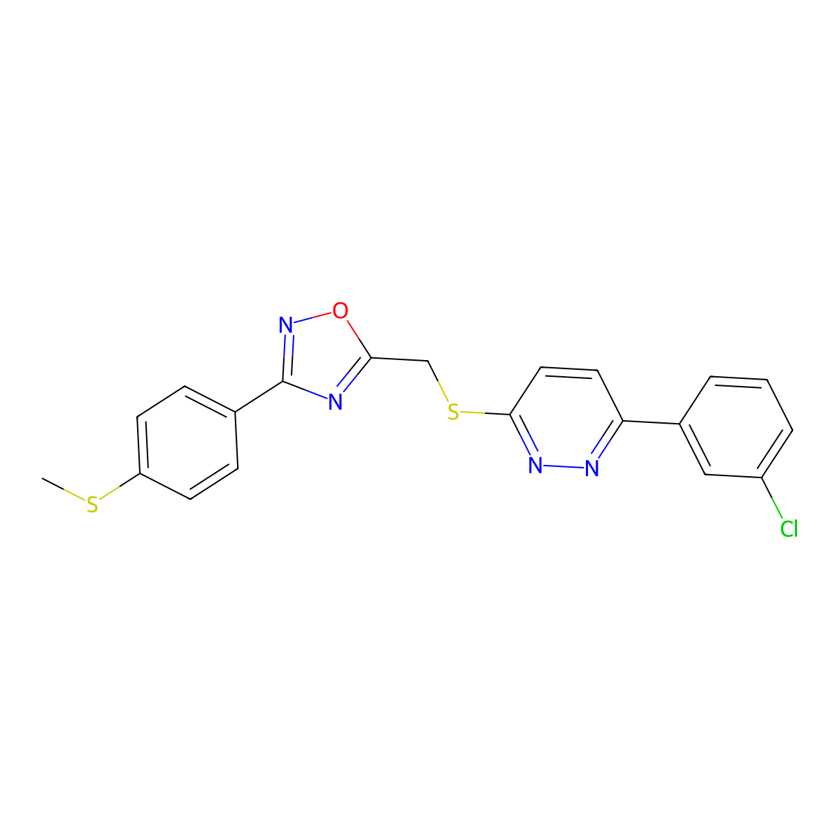 3-(3-Chlorophenyl)-6-[({3-[4-(methylsulfanyl)phenyl]-1,2,4-oxadiazol-5-yl}methyl)sulfanyl]pyridazine molecular structure, CAS 1114945-23-1
