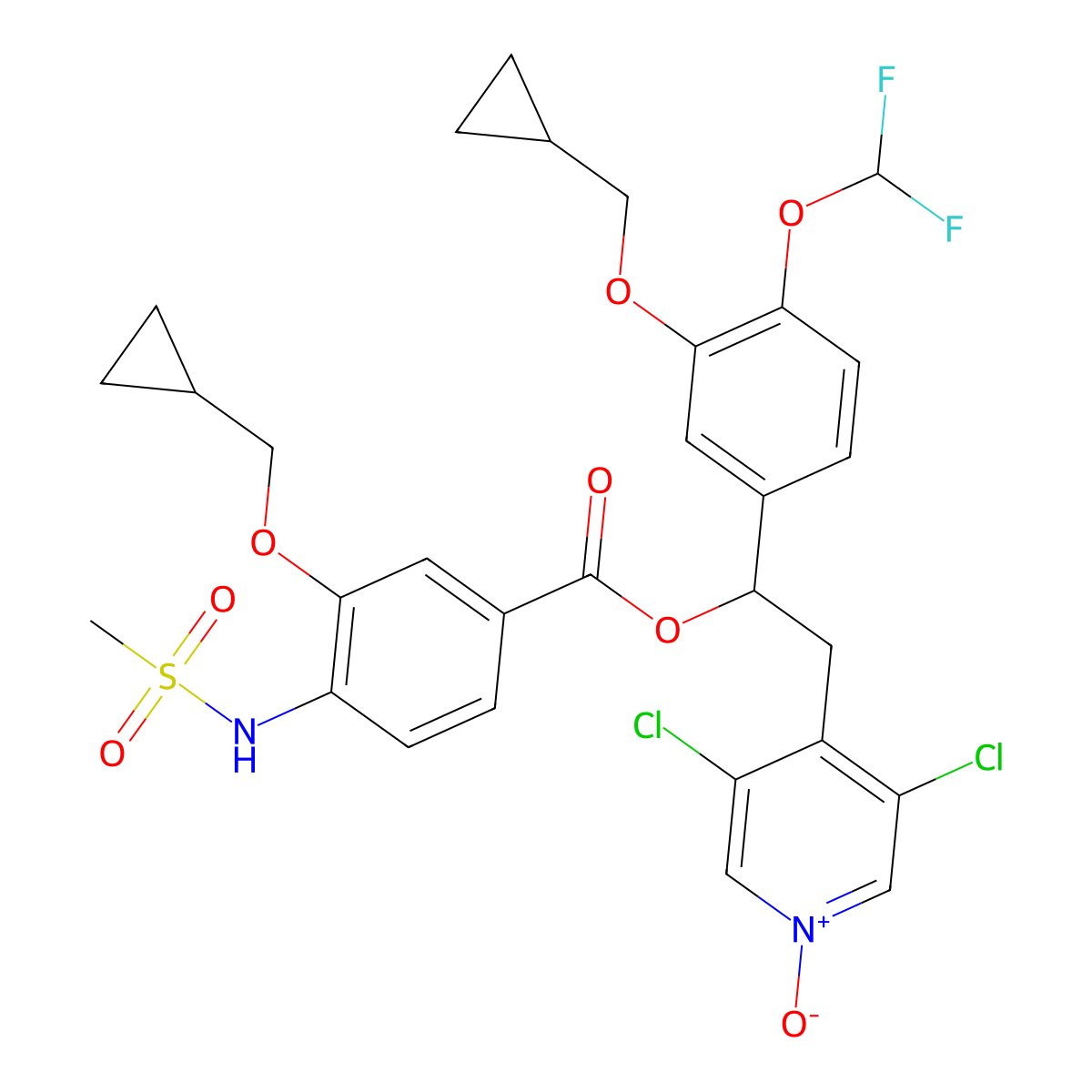 3,5-Dichloro-4-(2-(3-(cyclopropylmethoxy)-4-(difluoromethoxy)phenyl)-2-((3-(cyclopropylmethoxy)-4-(methylsulfonamido)benzoyl)oxy)ethyl)pyridine 1-oxide molecular structure, CAS 1114968-47-6