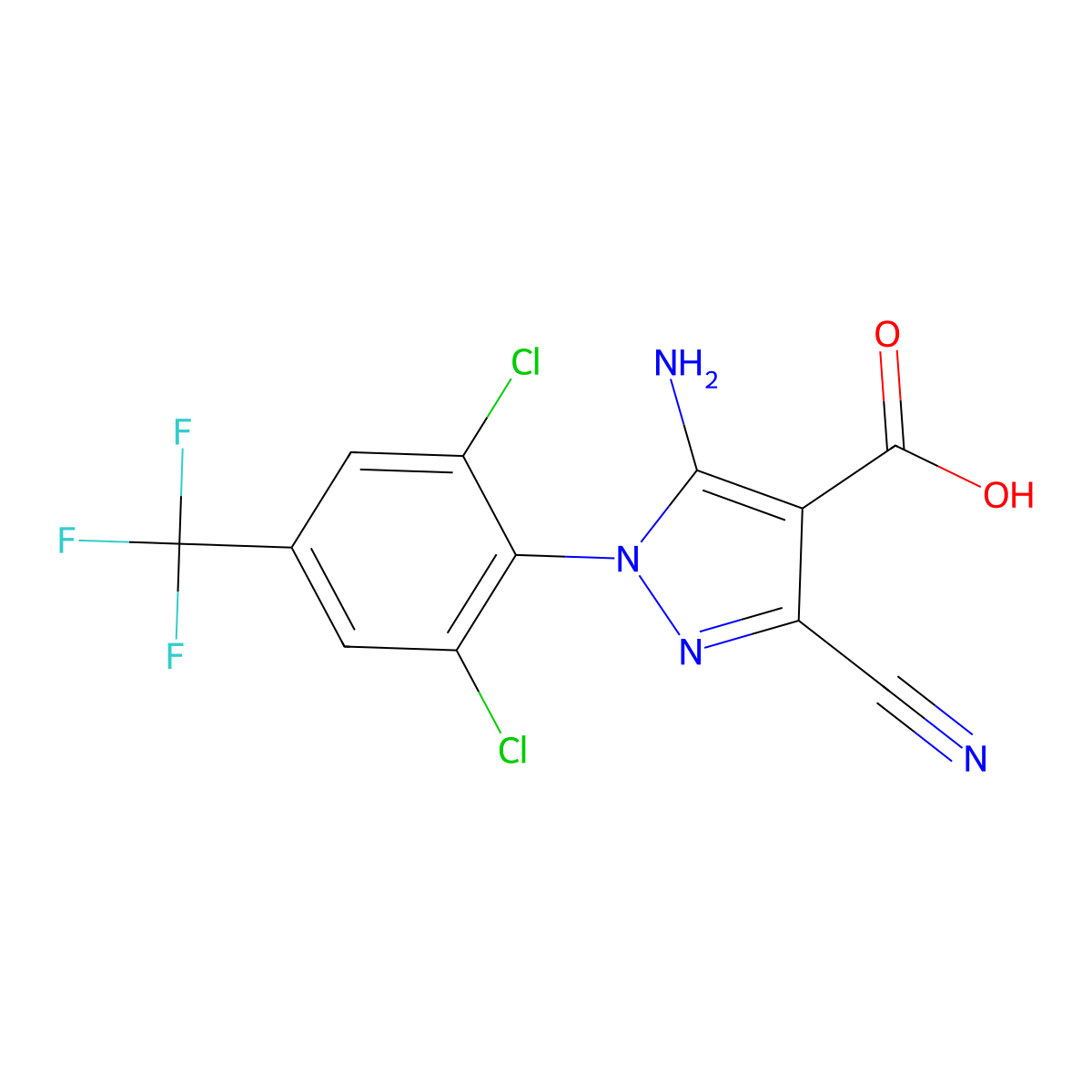 5-amino-3-cyano-1-(2,6-dichloro-4-(trifluoromethyl)phenyl)-1H-pyrazole-4-carboxylic acid molecular structure, CAS 1115248-07-1