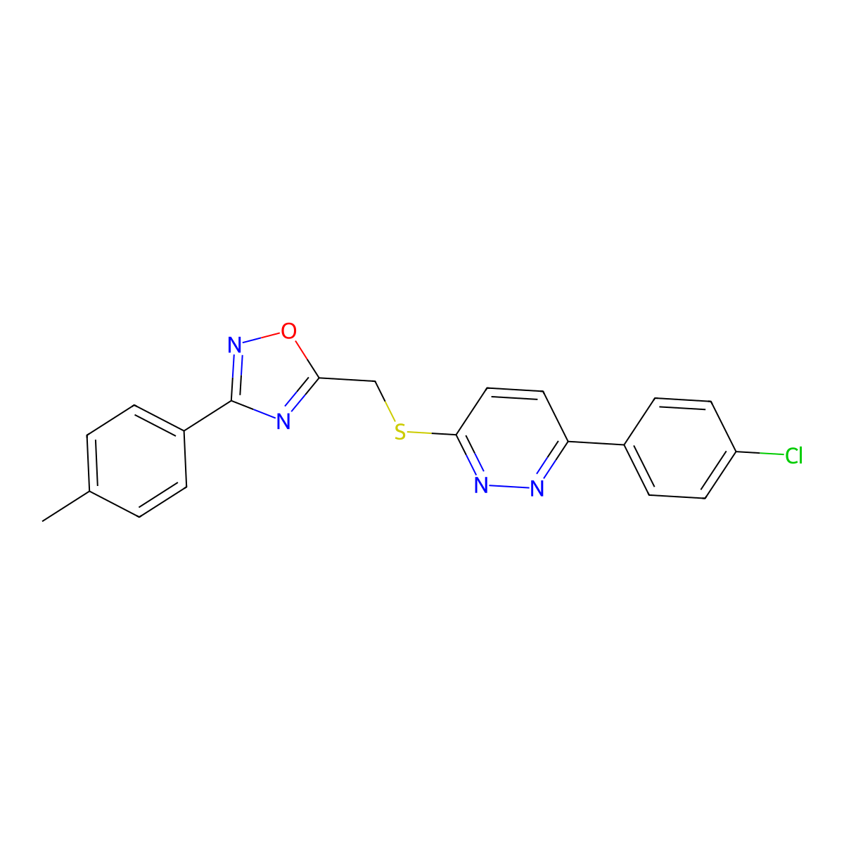 5-(((6-(4-Chlorophenyl)pyridazin-3-yl)thio)methyl)-3-(p-tolyl)-1,2,4-oxadiazole molecular structure, CAS 1115285-10-3