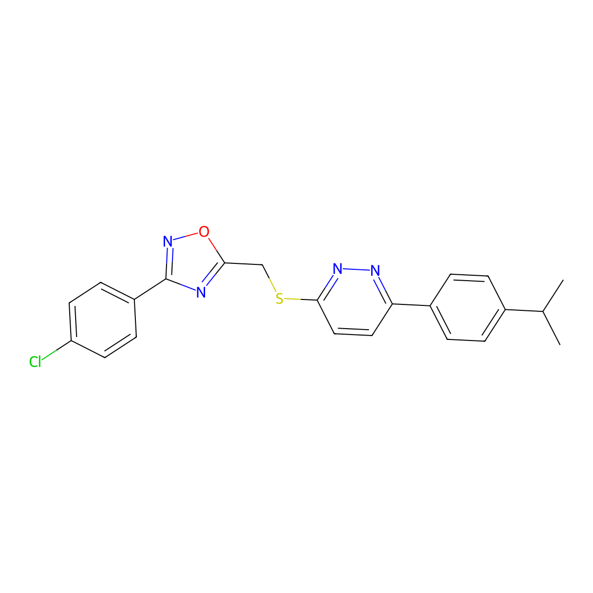 3-({[3-(4-Chlorophenyl)-1,2,4-oxadiazol-5-yl]methyl}sulfanyl)-6-[4-(propan-2-yl)phenyl]pyridazine molecular structure, CAS 1115285-88-5