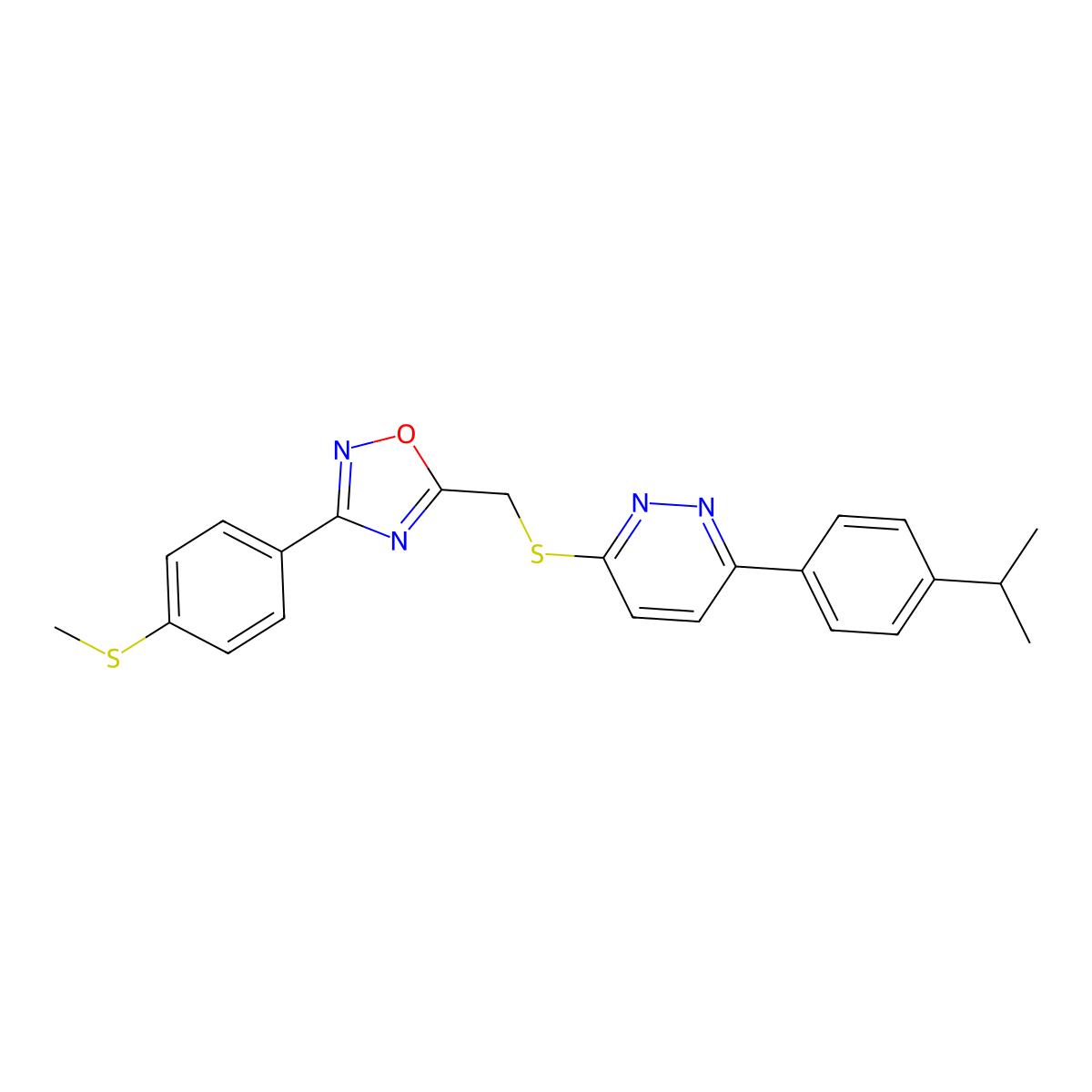 3-[({3-[4-(Methylsulfanyl)phenyl]-1,2,4-oxadiazol-5-yl}methyl)sulfanyl]-6-[4-(propan-2-yl)phenyl]pyridazine molecular structure, CAS 1115285-94-3