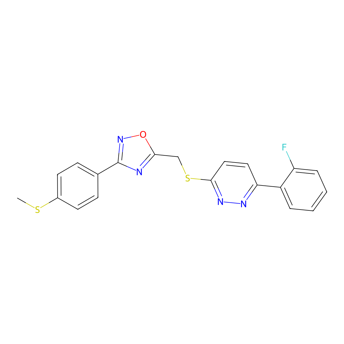3-(2-Fluorophenyl)-6-[({3-[4-(methylsulfanyl)phenyl]-1,2,4-oxadiazol-5-yl}methyl)sulfanyl]pyridazine molecular structure, CAS 1115285-99-8