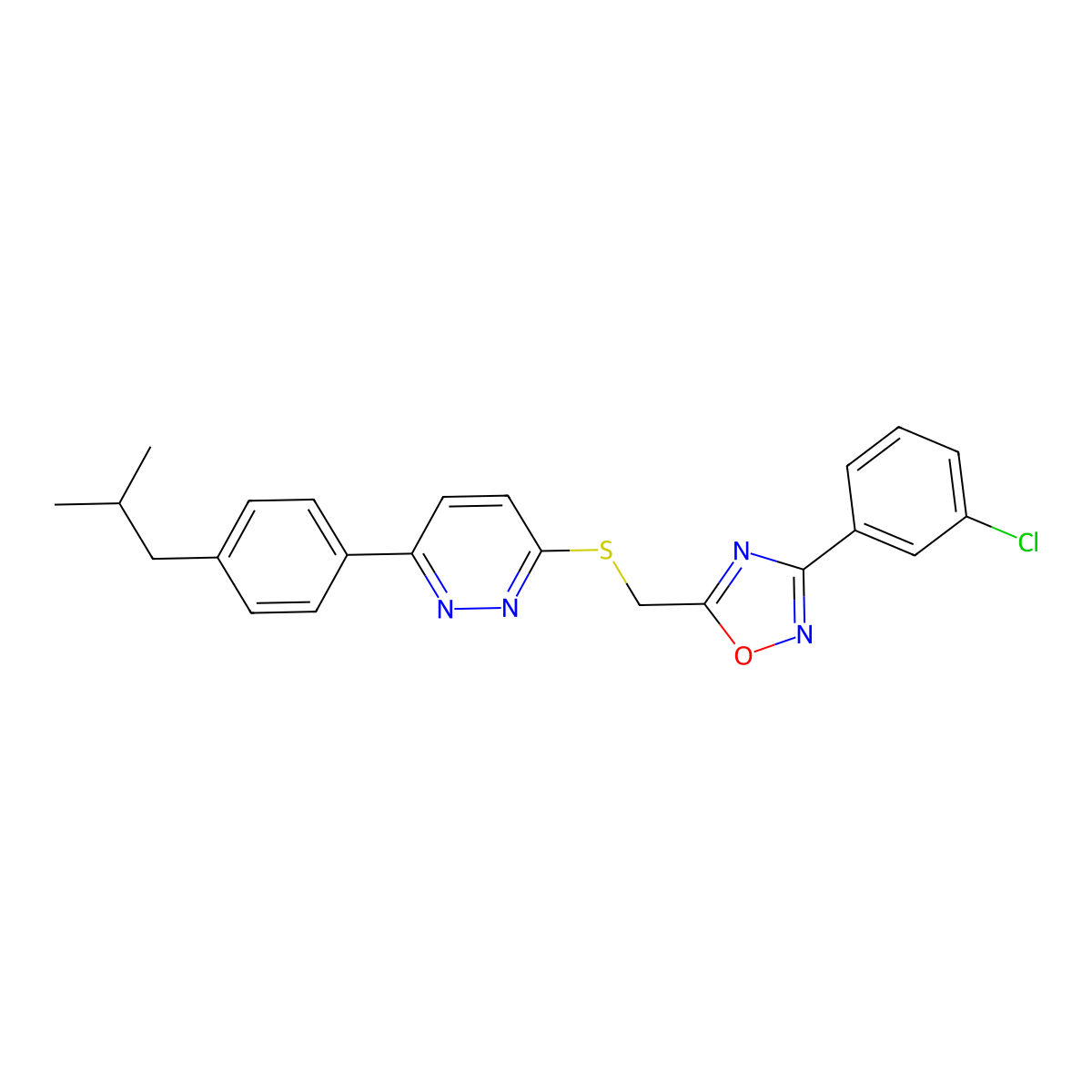 3-(3-Chlorophenyl)-5-(((6-(4-isobutylphenyl)pyridazin-3-yl)thio)methyl)-1,2,4-oxadiazole molecular structure, CAS 1115286-19-5